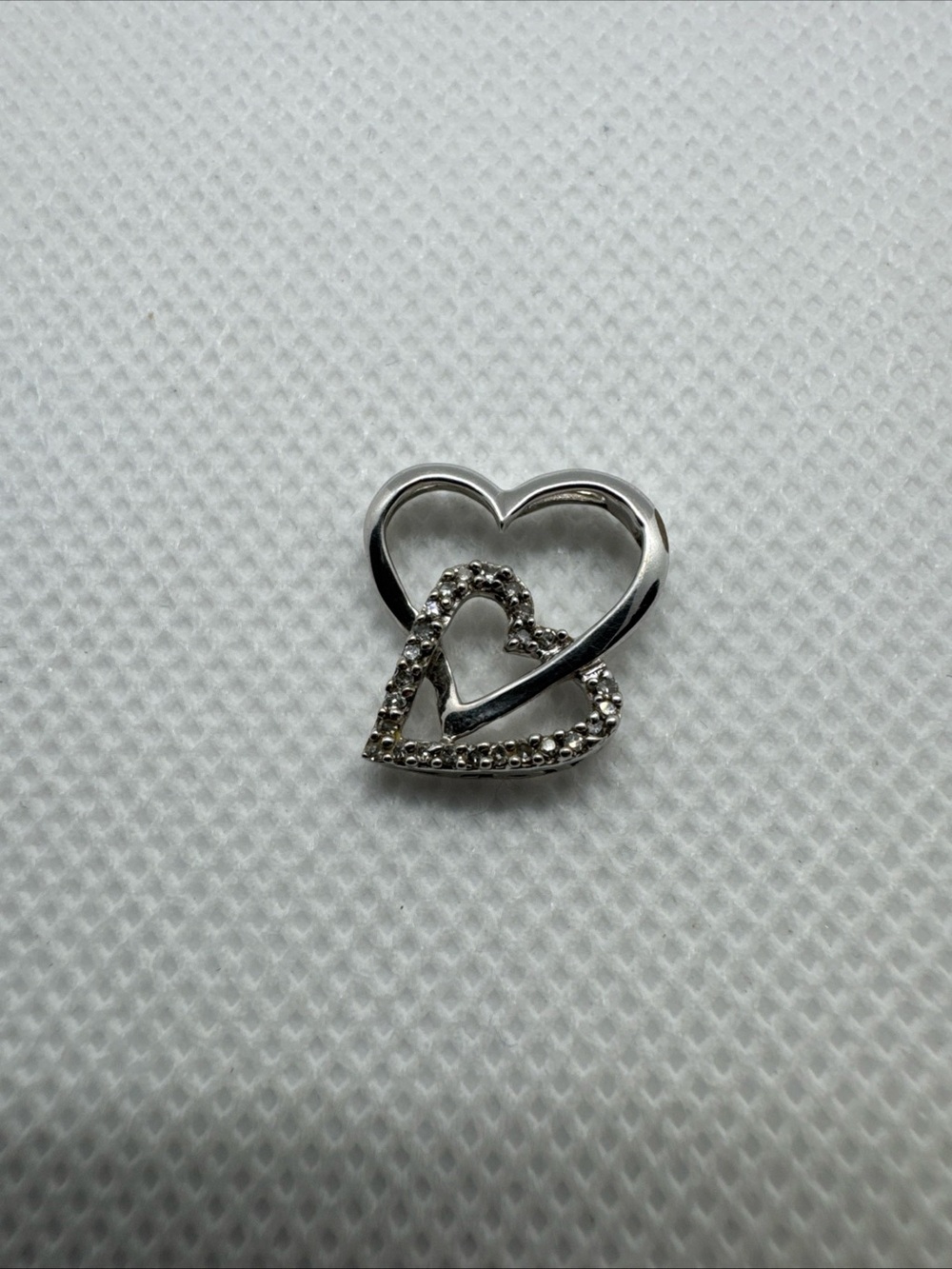 Vintage 10k White Gold Diamond Heart Pendant Interlinked Double Love
